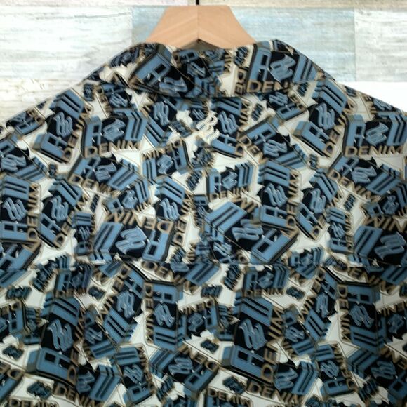 Rocawear Denim All Over Print Spell Out Hawaiian Camp Shirt VTG 90s Mens XXL 2XL - Picture 7 of 9